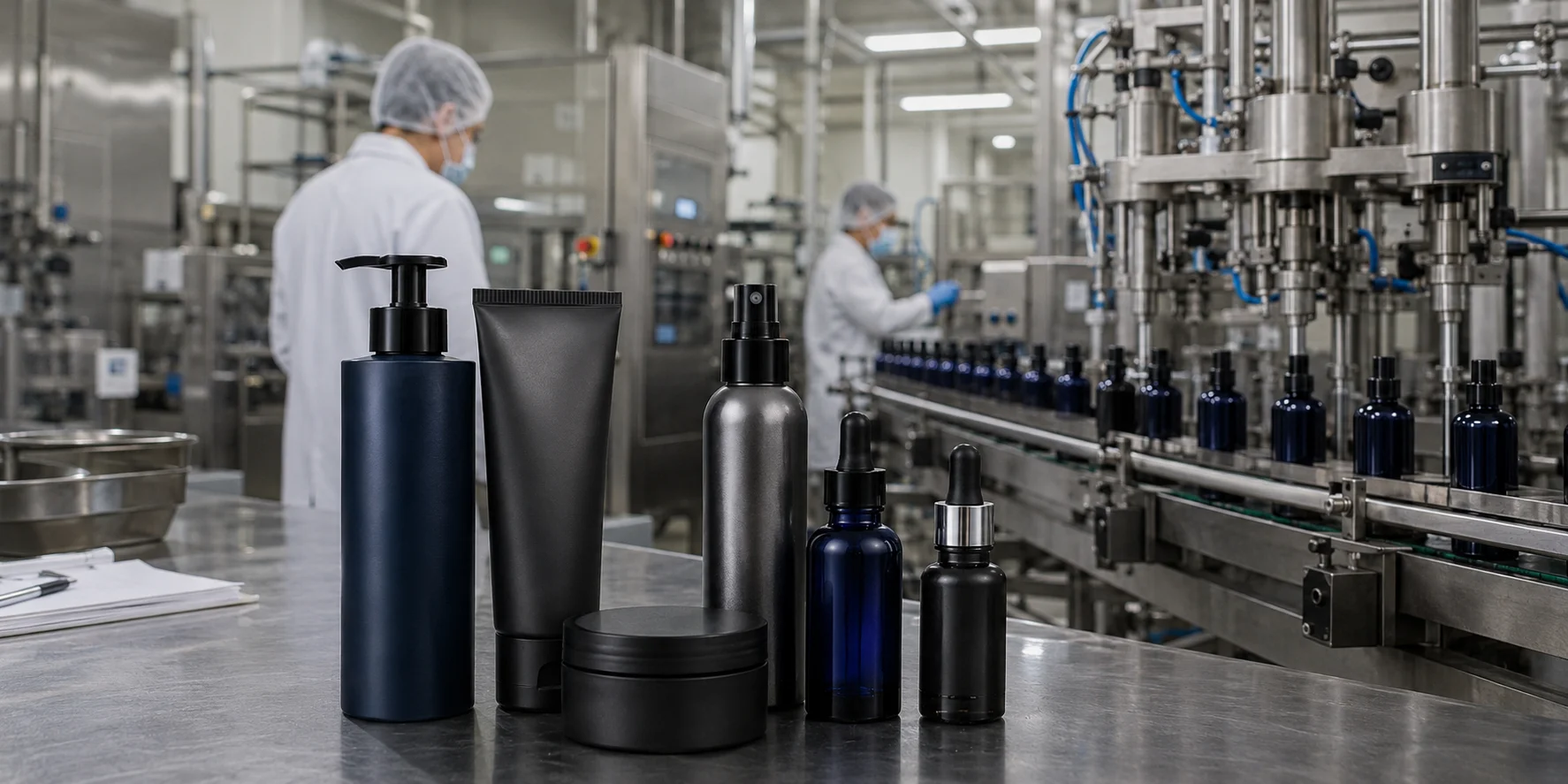 Industrial cosmetics production line with black and blue bottles on stainless steel table in the foreground and workers operating machinery in the background.